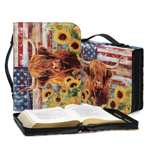 Poceacles American Flag Highland Cow Sunflower Bible Cover Bag Waterproof Bible Tote Bag Multi-Purpose Book Carrying Case Protector with Handle PU Leather Church Tote Organizer for Women Men, 2XL 5