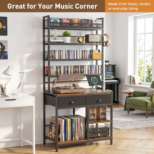ikkle-Tall-CD-Rack-with-Power-Outlet-Drawers-8-Tier-DVD-Storage-Shelf-Media-Storage-Cabinet-for-CDsDVDs-Vinyl-Records-Books-Games-Ideal-for-Living-Room-Home-Office-315x157x706-in-Brown
