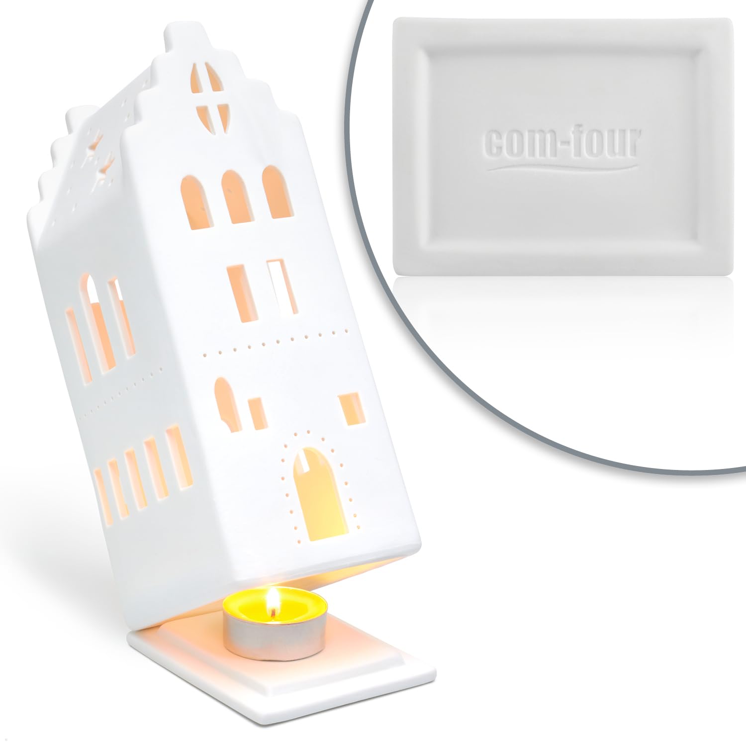 COM-FOUR® swiecznik z porcelany, domek z matowej porcelany z podstawa | latarnik - stylowa dekoracja pokoju w ksztalcie domku