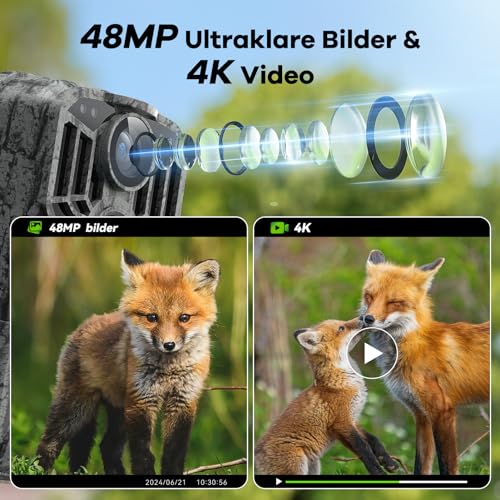 DEATTI Wildkamera mit Handyübertragung APP, 4K 48MP HD WLAN Bluetooth Wildkamera mit Bewegungsmelder Nachtsicht, 120 °Weitwinkel Wildtierkamera, IP66 Wasserdicht, 32GB SD Karte und 8*AA-Batterien
