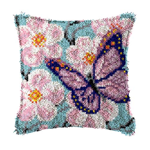 LAPATAIN Latch Hook Kits For DIY Throw Pillow Cover,Purple Butterfly Needlework Cushion Cover Hand Craft Crochet For Great Family 17x17inch