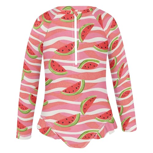 Pink Stripes Watermelon Pattern Girls One Piece Rash Guard Swimsuit, Girls Long Sleeve Swimwear for 3-12Y2