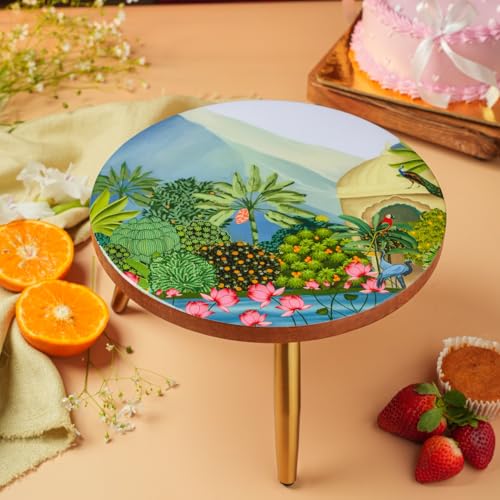 Image of RITUALISTIC Kusum Collapsible Cake Stand | 10 inch Mango Wood Walnut Finish with Detachable Iron Legs | Food-Safe Lacquered Enamel Top | Folk Floral Art | Birthday Wedding Dessert Display | Premium Gift