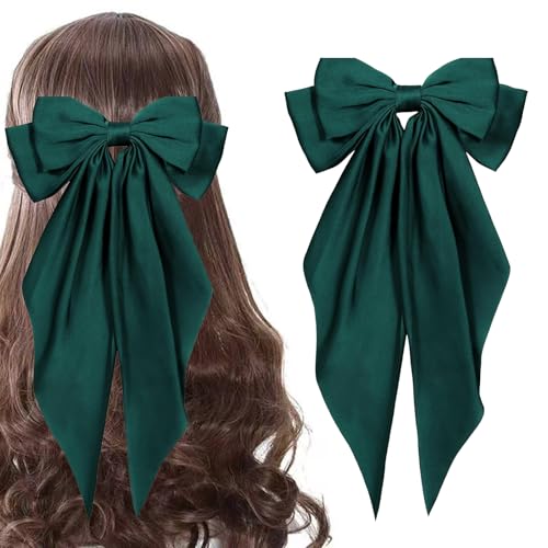 Lazos para el cabello para mujeres, lazo verde de raso sedoso con cola larga extragrande, grandes lazos para el cabello, pinzas metálicas para el cabello, accesorios para el cabello para niñas para fiestas (Verde) miniatura 1