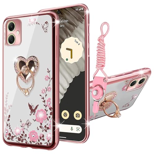 KuDiNi for Samsung Galaxy A05 Case,Case for Galaxy A05 for Women Glitter Soft TPU Luxury Crystal Butterfly Heart Floral Protective Cover with Ring Kickstand+Strap for Galaxy A05 (Rose Gold)