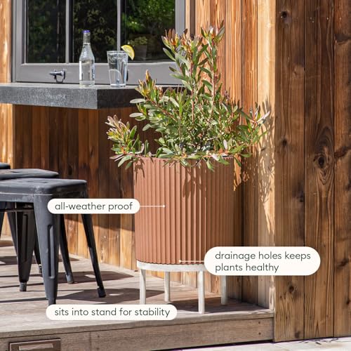 Image of Veradek Demi Series Raised Planter - Round Planter with Stand | Made From a Durable Plastic-Stone Composite & Comes With Wooden Stand. Modern Porch /Patio Decor