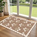 Othilic 3x5 Floral Entry Rug - Small Washable Indoor Outdoor Mats for Front Door Non-Slip Porch Rug Tan Boho Neutral Farmhouse Throw Rugs for Living Room Bedroom Entryway Kitchen Office Porch Decor