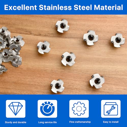 Akamino 4-PRONGED TEE NUT01 100 Pack 1/4"-20 T-Nut, 304 Stainless Steel Threaded Insert thumb #2