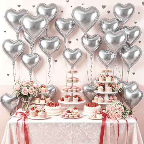 Image of 50 Pcs Silver Heart Balloons,5 Inch and 10 Inch Heart Foil Balloons Love Balloon Valentine Balloon for Birthday Party Wedding Engagement Party Baby Shower Valentine Day Decorations