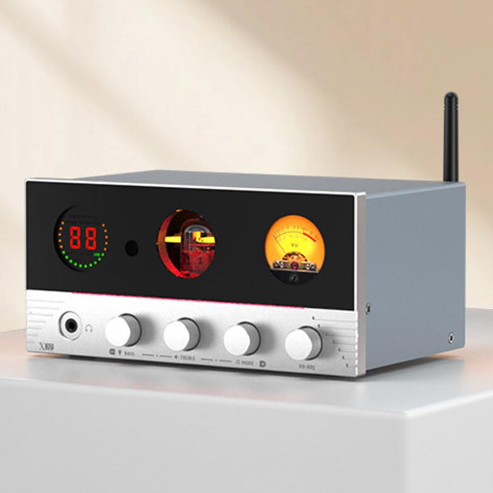 Amplificatore Audio HiFi, Amplificatore valvolare con VU Meter, Bluetooth 5.4 e Telecomando, 7 luci ambientali per Home Theater e diffusori passivi, ingressi ottici e coassiali. (Silver)