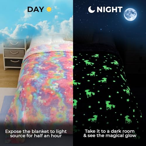 Image of Story@Home Glow Blankets for Kids |Summer Blanket for Kids | Kids Blanket 0-15 Years (200x150CM) Soft Fleece Blanket | Cozy & Warm All-Season Radium Blanket for Boys & Girls-Unicorn Rainbow