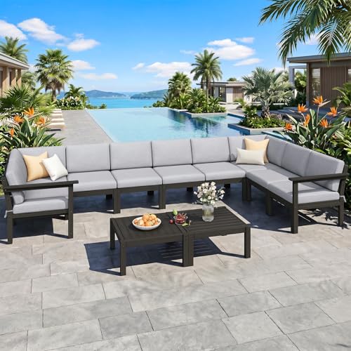 Image of Modular Outdoor Patio Conversation Set, 11-Piece U-Shaped Sectional Sofa Set with Coffee Tables & Thick Cushions, Easy Side Interlock, HIPS All-Weather Patio Furniture Set for Backyard, Deck, Poolside