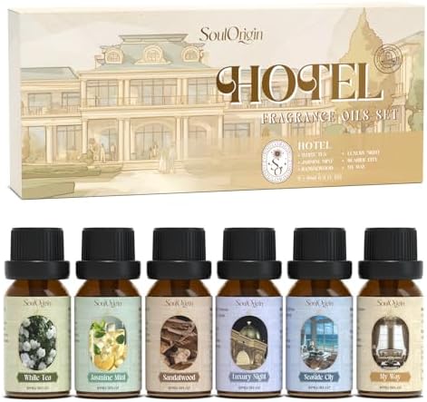 SoulOrigin Hotel Essential Oils Set, Fragrance Oil Set for Oil Diffusers, Multi Scenario Use Scented Oils for Soap Candle Making 6x10ml - White Tea, Jasmine Mint, Sandalwood, Luxury Night, and My Way