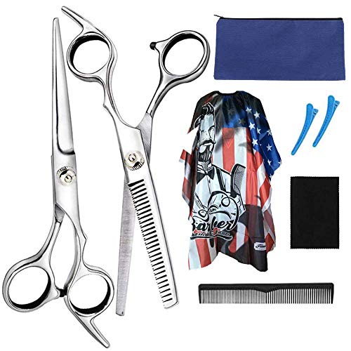 Professional Hair Cutting Scissors Set 12 PCS Hair Cutting Scissors, Thinning Shears, Hair Razor Comb, Clips, Cape, Hairdressing Scissors Kit,Barber set,Hair Cutting Shears Set (silver-two)