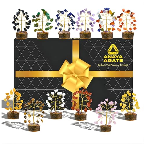 ANAYA AGATE Crystal Tree Set of 12 Unique Birthday Gifts for Women,Sister,Mom,Home Office Decor,Shelf Decoration for Positive Energy,Bring Good Luck,Money,Reiki Healing, Chakra Tree of Life Gift Sets