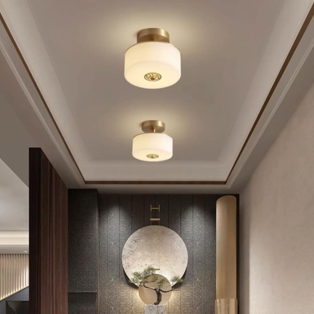 Lámpara de techo de estilo chino, semiempotrada, luz nocturna para el hogar, pantalla de cristal blanco lechoso, lámpara redonda de cobre, luz de techo para pasillo, escalera, iluminación moderna y s