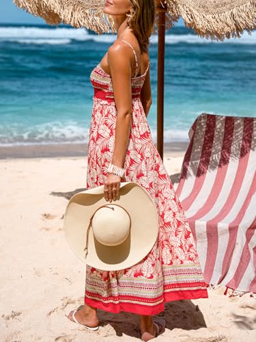 Image of CUPSHE Women Spaghetti Straps Boho Maxi Dress Summer Sleeveless Smocked Floral Beach Long Dress Flowy Cruise Vacation Outfits
