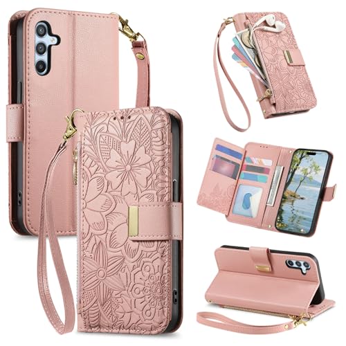 VEEMOS Phone Case for Samsung Galaxy A34 5G Case with Zip Wallet Purse Card Holder Slot Embossed Flower Design Folding Flip Cover Leather Stand Lanyard Wrist Strap Women - Pink