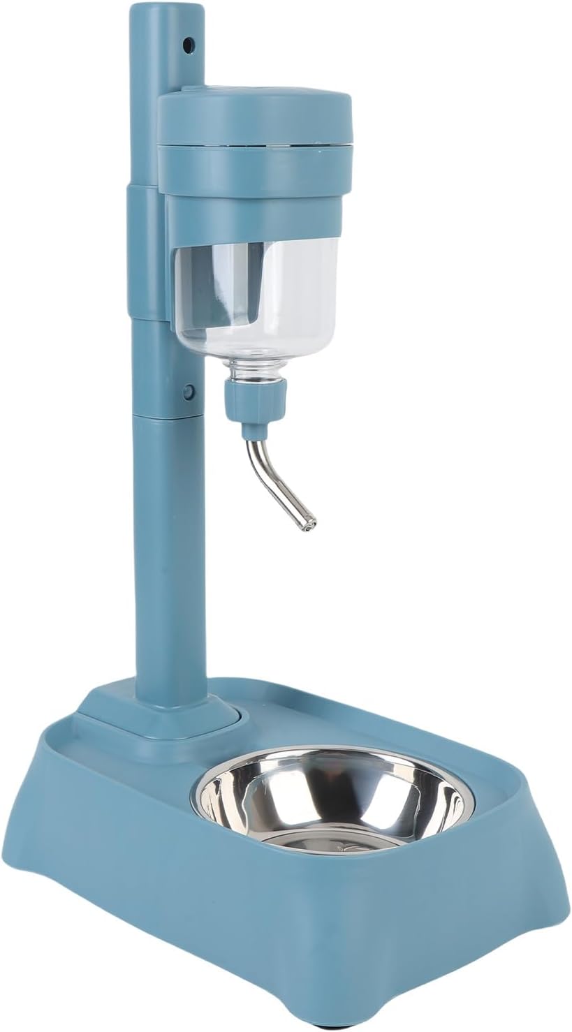 Zunate Pet Standing Water Dispenser, Adjustable Height Cat Dog Water Feeder with Stainless Steel Bowl, Automatic 500ml Bottle for Hygienic Hydration, Elegant Gray (Blue)