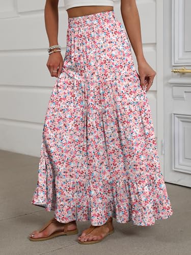 Image of ANRABESS Womens Maxi Skirt Elastic High Waist Swing Tiered A-line Flowy Pleated Boho Beach Vacation Long Skirts