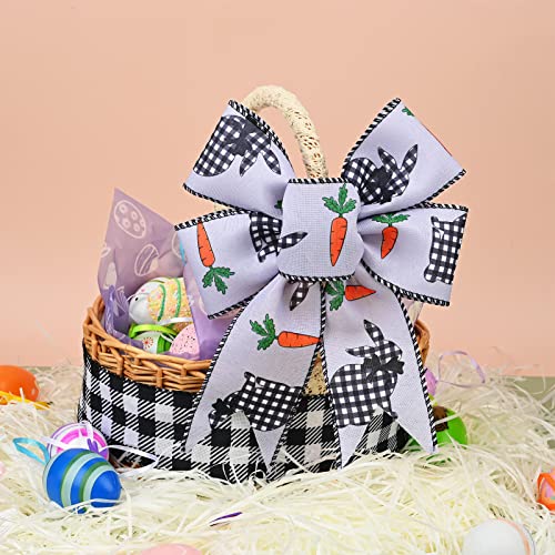 6 Rolls 30 Yards Easter Wired Ribbon 2.5 Inch Bunny Egg Rabbit Carrot Ribbon Pastel Spring Craft Ribbon Fabric Decorative Wrapping Ribbon Roll For Gift Hair Bow Sewing Crafts Supplies (Black White) #TOP5