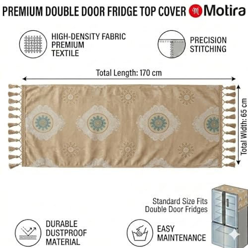 Image of Fridge Top Cover by Motira - Double Door & French Door Protector, Floral Embroidery with 6 Pockets 65 x 170 CM (Peach).