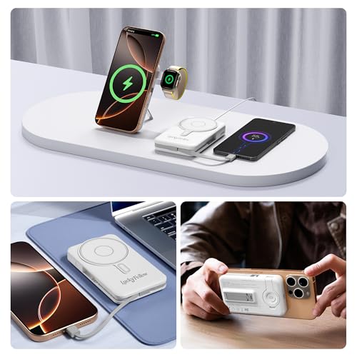 LUCKYFELLOW Magnetic Portable Charger Built-in Cables,10000mAh Fast Charging Wireless Charger Station External Battery Pack Slim Pocket Size Power Bank with Stand Compatible with iWatch, iPhone - image 8