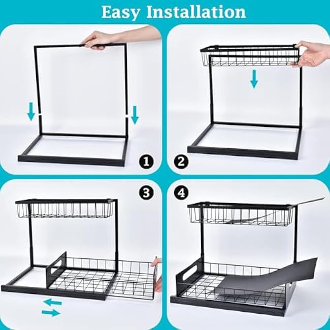Under Sink Organizer, Pull Out Cabinet Organizer 2 Tier Slide Out Sink Shelf Cabinet Storage Shelves, Under Sink Storage for Kitchen Bathroom Cabinet (Black)