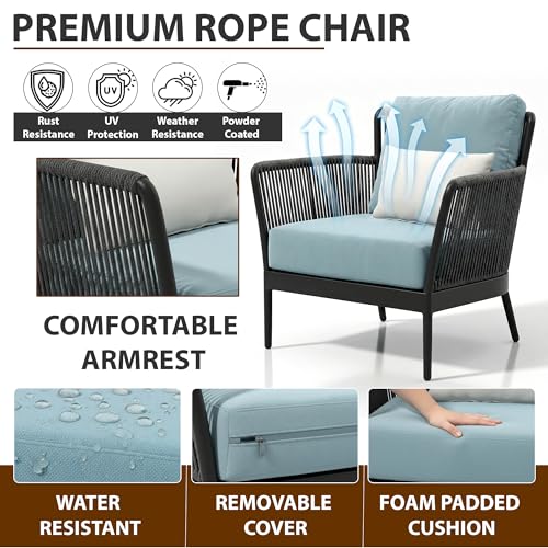 Image of BRISHI Garden Patio Seating Chair and Table Set Outdoor Balcony Garden Coffee Table Set Furniture with 1 Table and 2 Chairs Set with Cushion Braid & Rope (Grey /Blue)