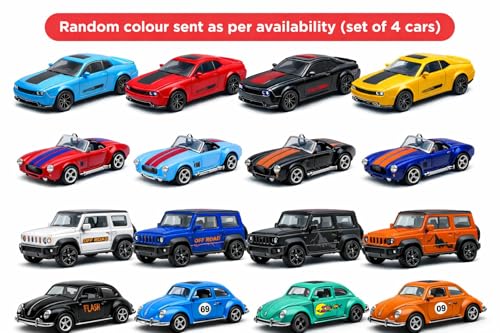 Image of 4 PCS Diecast Car Set 1:64 Scale - Dodge Challenger (Opening Doors) + Shelby Cobra + Jimny SUV + Classic Beetle | Metal Toy Cars | Mini Collectible Cars for Kids Boys & Collectors