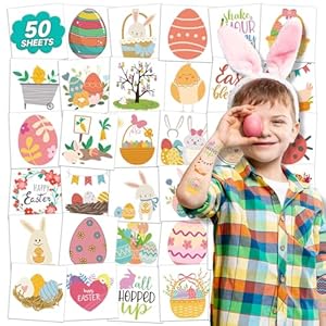 Easter Egg Fillers Goodies for Kids, 50 Sheets Easter Tattoos for Kids Bulk Individually Wrapped Party Supplies Favor, Easter Temporary Tattoos Stickers for Kids Goodie Basket Stuffers