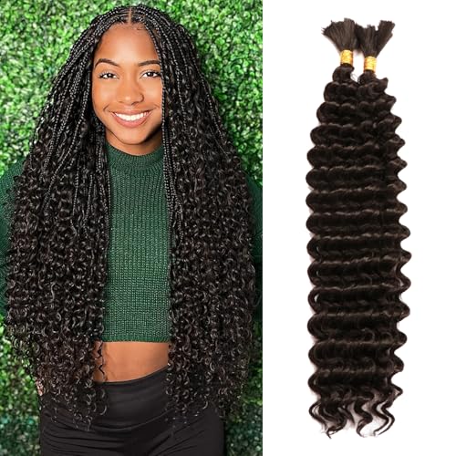 18 Inch Curly Braiding Hair for Boho Braids 2 Bundles 100g Synthetic Deep Wave Bulk No Weft Wet and Wavy Crochet Hair for Women Knotless Braids Hair Extensions (1B# 18 Inch(50g/Bundle x2))