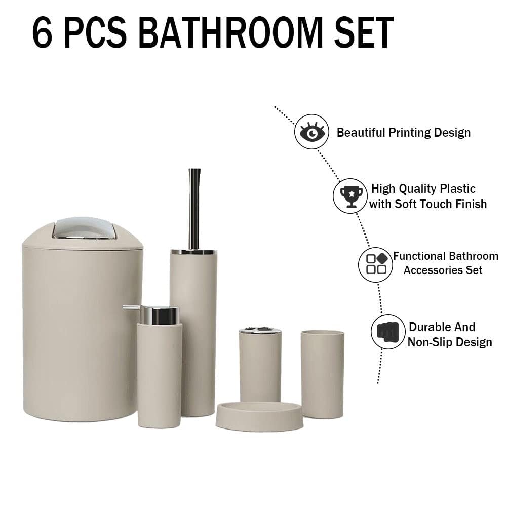 Zalati - Set di 6 accessori per bagno - Flacone per lozione, porta spazzolino, bicchiere per denti, vassoio per sapone, spazzolino per WC, pattumiera - Beige