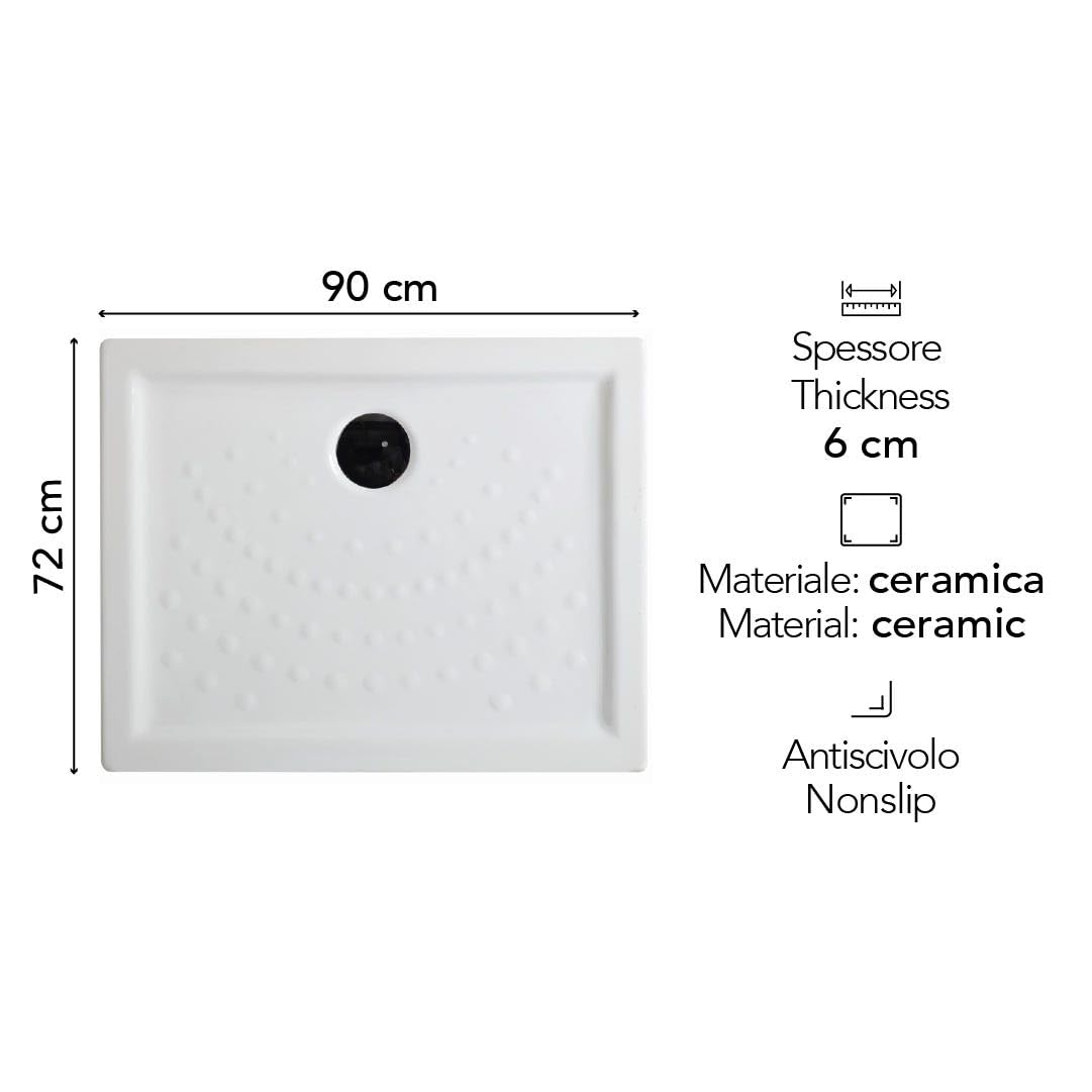 Piatto doccia 72x90 h6cm in ceramica bianca antiscivolo | Malta | Altezza 6 cm, bordo rialzato, 3 lati smaltati, superficie antiscivolo, piletta non inclusa