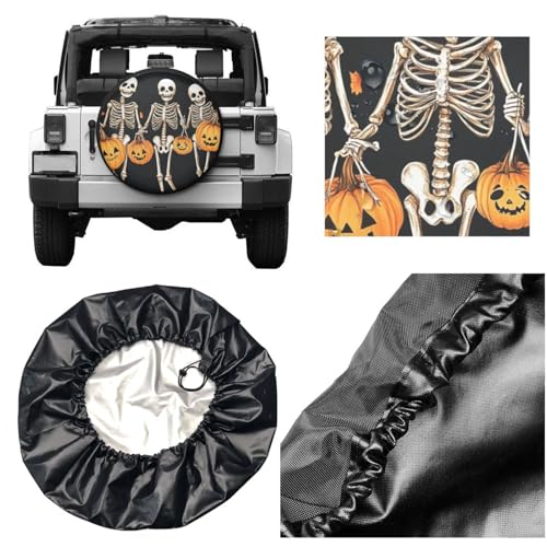 Image of Fall Skeleton Pumpkins Spare Tire Cover,Cute Funny Skull Wheel Protectors Weatherproof Universal Fit for Trailer RV SUV Truck Camper Trailer Travel Outdoor,14 inch