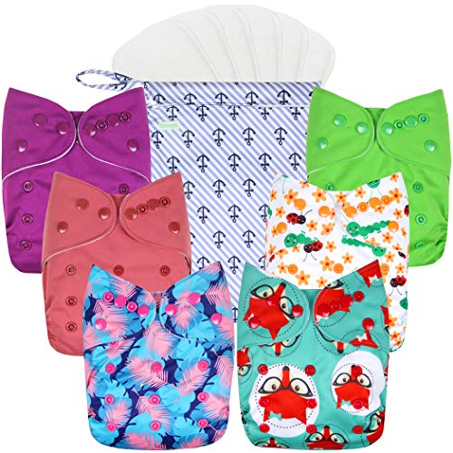 Image of Wegreeco Washable Reusable Baby Cloth Pocket Diapers 6 Pack + 6 Bamboo Inserts(with 1 Wet Bag,Girl Prints)
