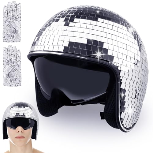 MXOYOXM Casco da discoteca argentato, casco da discoteca a specchio con visiera retrattile e guanti argentati, adatto per decorazioni per feste e club, novità regalo