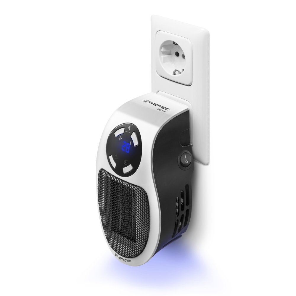 TROTEC Mini-chauffage pour prise murale TFC 1 E | Chauffage de 500 watts | 2 vitesses de ventilation | Fonction d'horloge (1−12 heures) | 10 m²/25 m³ max.
