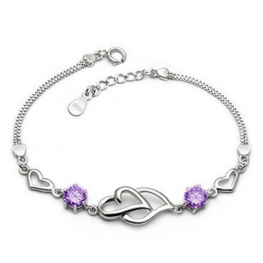 Nilus Collection Double Hearts Sterling Silver Charm Bracelet for Women(Pack of 1) (Purple) (Purple) (B0B2R4H9M8) Amazon Price History, Amazon Price Tracker