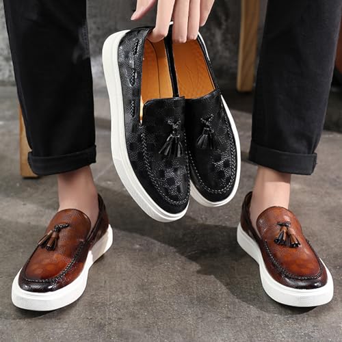 Zeberfi Men's Plaid Pattern Leather Slip On Tassel Loafers Fashion Round Toe Low Top Non-Slip Luxury Business Casual Shoes4
