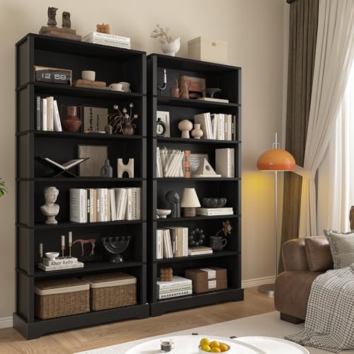 Image of TVU 6-Tier Wooden Bookshelf, 77.2 inch Tall Farmhouse Style Open Bookcase, 31.5 inch W Standing Book Shelf with Storage, Suitable for Study, Living Room, Office, Blcak