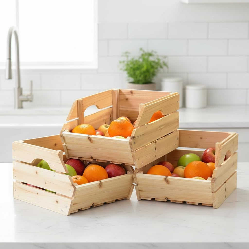 Mucola Holzkiste Obstkiste mit Griffen 3 Stück stapelbar 38x27x20 cm Natur | Kartoffelkiste Weinkiste aus Vollholz, für Kartoffeln, Obst und Gemüse, für Küche, Keller und Vorratskammer