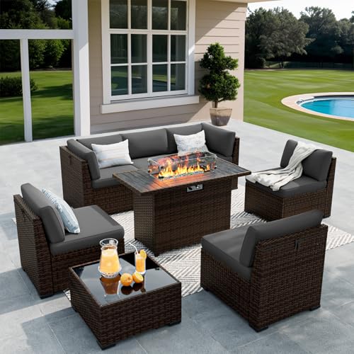 VONZOY 8 Pieces Outdoor Patio Furniture Set with 44\" Fire Pit Table Rattan Sectional Conversation Sets w/Gas Fire Pit, Coffee Table, 2 Waterproof Covers, Dark Grey