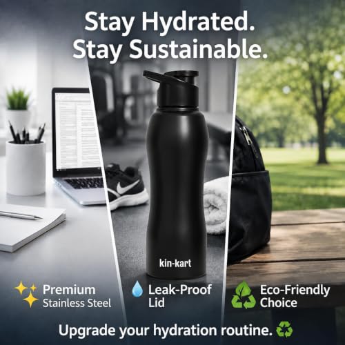 Image of Kin-Kart Water Bottles 1000 ml Stainless Steel Water Bottle 1 Litre | Eco friendly Steel BPA Free Leakproof Water Bottles for School, Office, Home, Gym (CLASSIC, BLACK)