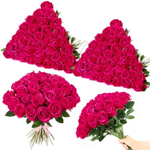 Ovveroche 80 Pcs Artificial Roses Long Stem Silk Flowers Hot Pink