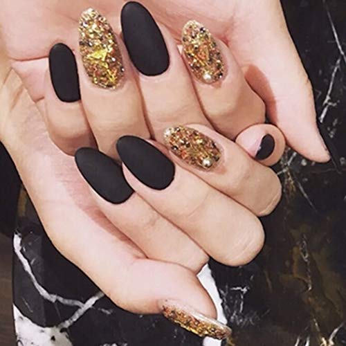 Sethexy 24 Stück Mandel Falsche Nägel Matte Schwarz& Funkeln Gold Vollständige Abdeckung Acryl Falsche Fingernägel zum… – Bild 5