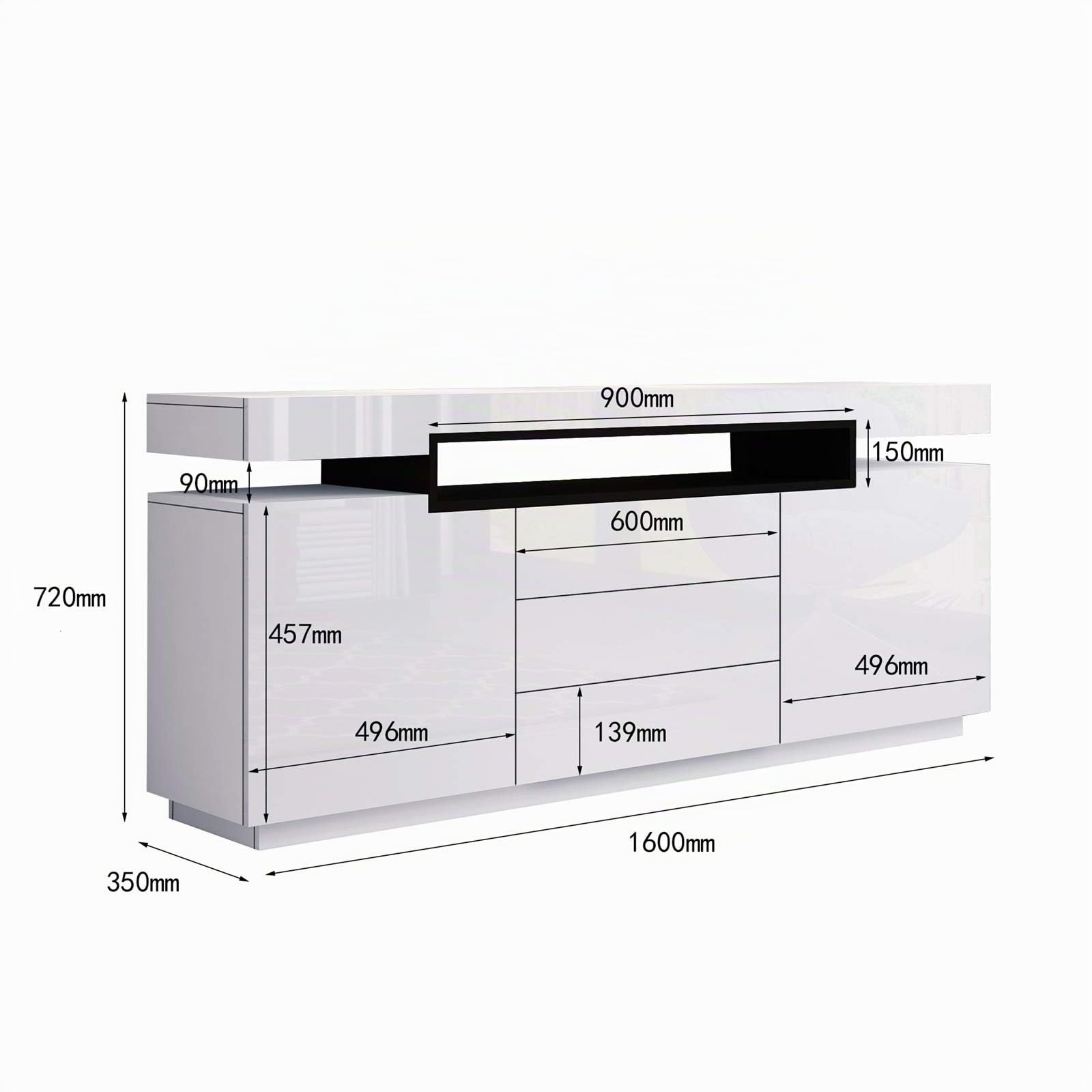 Weiß Sideboard Schrank Matt Body & Hochglanz TV Lowboard LED Beleuchtung Kommode mit 2 Türen 3 Schubladen 160cm für Wohnzimmer Esszimmer