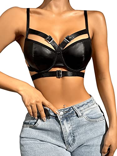 SweatyRocks Women's PU Leather Lingerie Buckle Strappy Cut Out Bra Underwire Push Up Bralette Black L SweatyRocks Women's PU Leather Lingerie Buckle Strappy Cut Out Bra Underwire Push Up Bralette Black L