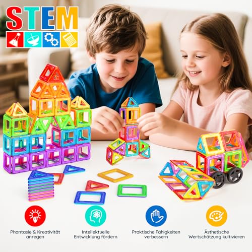 Magnetische Bausteine 60 Teile,Magnetbausteine Kinder,STEM Magnet Baustein,Montessori Spielzeug ab 3 Jahre,Magnet Bausteine für Kinder ab 3 4 5 6 7 8 Jungen und Mädchen Geschenk