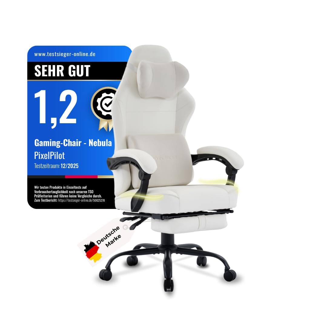 PixelPilot Gaming Stuhl Ergonomisch mit Fußstütze, Atmungsaktiver Stoff Gamer Stuhl, Bürostuhl mit Kopfstütze & Lendenstütze, Breite Sitzfläche, 150 kg